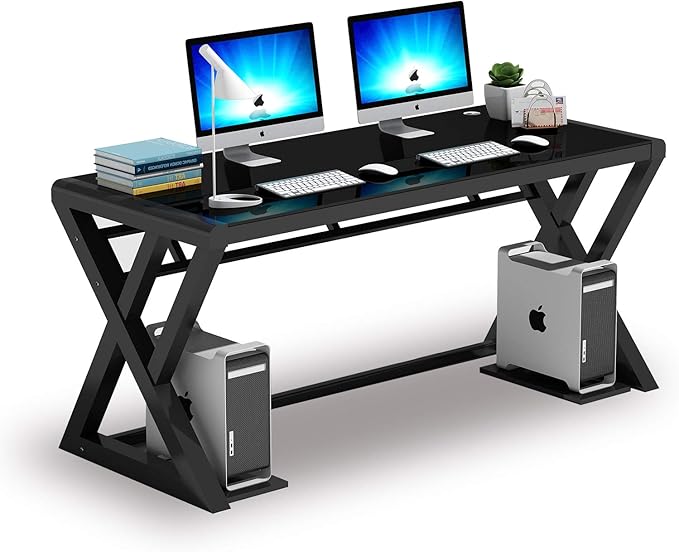 IPKIG Tempered Glass Computer Desk Modern Study Office Desk with Metal Frame and Glass Top Writing Study Desk Table Gaming Desk for Home Office Workstation (Black 55.1 Inch)