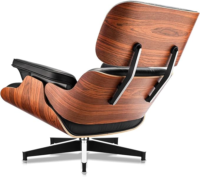 Top Black Grain Leather Mid Century Chaise Lounge Chair and Ottoman Modern Chair Classic Design Palisander Wood Heavy Duty Base Support for Living Room Office