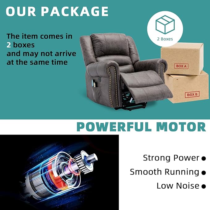 MEETWARM Large Power Lift Electric Recliner Chair with Massage and Heat Overstuffed Wide Recliner for Elderly Heavy Duty Recliner for Living Room with 2 Remote Controls/USB Ports/Side Pockets(Gray)