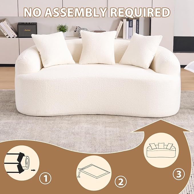 65 Curved Loveseat for Small SpacesBoneless Loveseat SofaWood Grain Chenille Fabric No Installation Requirement Curved Sofa Couch for ApartmentLiving RoomOffice (White 65)