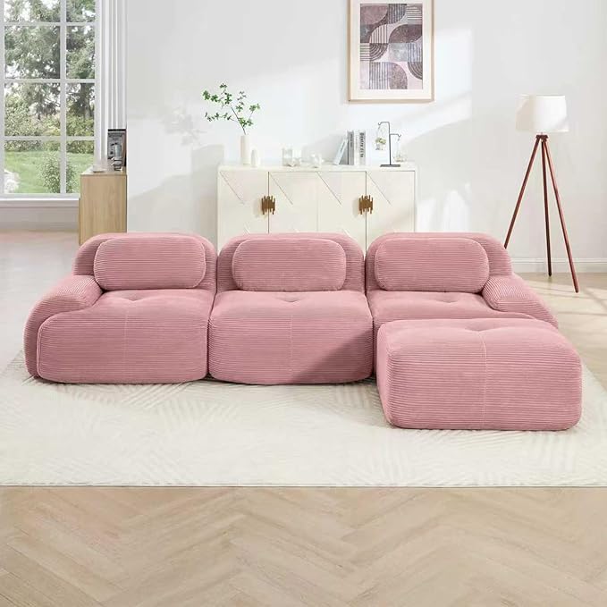 116 Modern Compressed Boneless Couch with Ottoman 3 Seater Large L Shaped Sectional Couches for Living Room Pink Corduroy Cloud Modular Sectional Sofa Memory Foam Extra Deep No Assembly