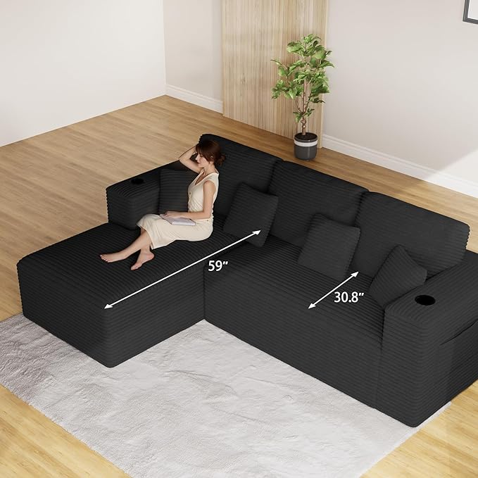 110 Modular Sectional Sofa Cloud Couch Modern Deep Seat Fluffy Corduroy Boneless Couch with Cup Holder Comfy L Shaped Sectional Couches for Living Room Bedroom. (Left Facing Black)