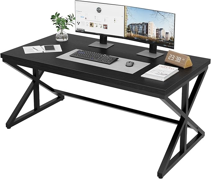 IBF 55 Inch Black Home Office Desks Modern Computer Desk for Writing Study Wood Metal Simple Gaming Work Table for Bedroom Industrial Wooden Pc Workstation Executive Desk Black Oak