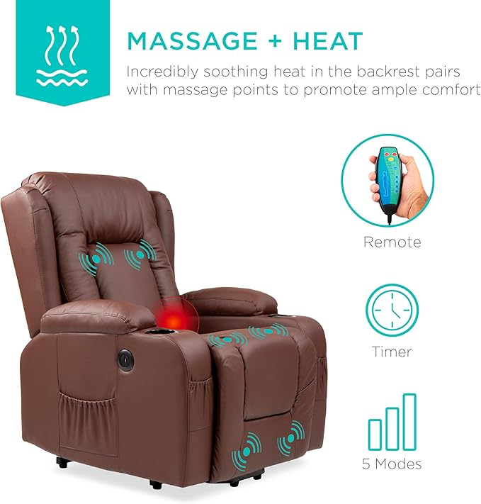 Best Choice Products PU Leather Electric Power Lift Chair Recliner Massage Chair Adjustable Furniture for Back Legs w/ 3 Positions USB Port Heat Cupholders Easy-to-Reach Side Button - Brown