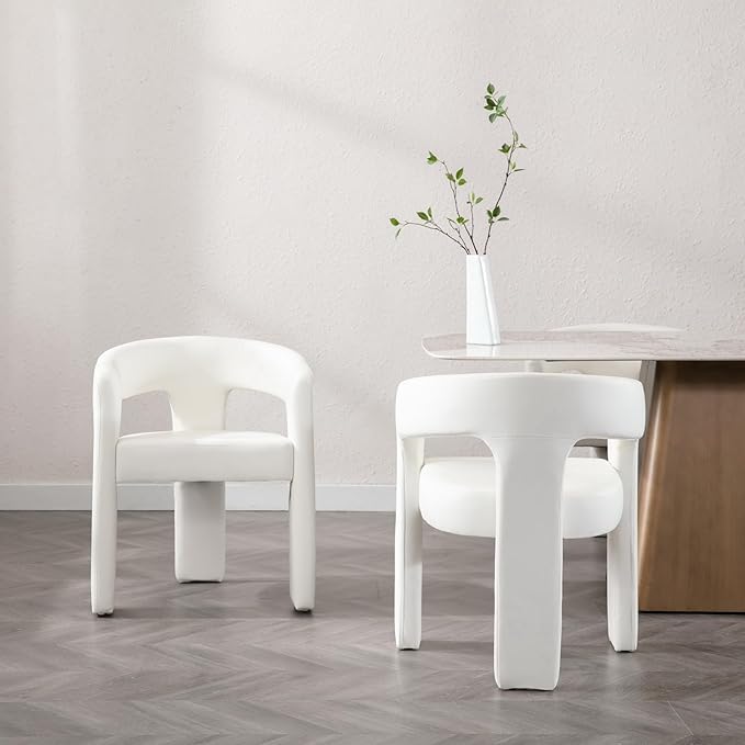Wahson Modern Dining Chair Set of 3 Faux Leather Upholstered Barrel Kitchen Chair Round Dining Chairs with Wooden Legs Assembled Accent Armchairs for Dining Room/Living Room/Bedroom/Side White