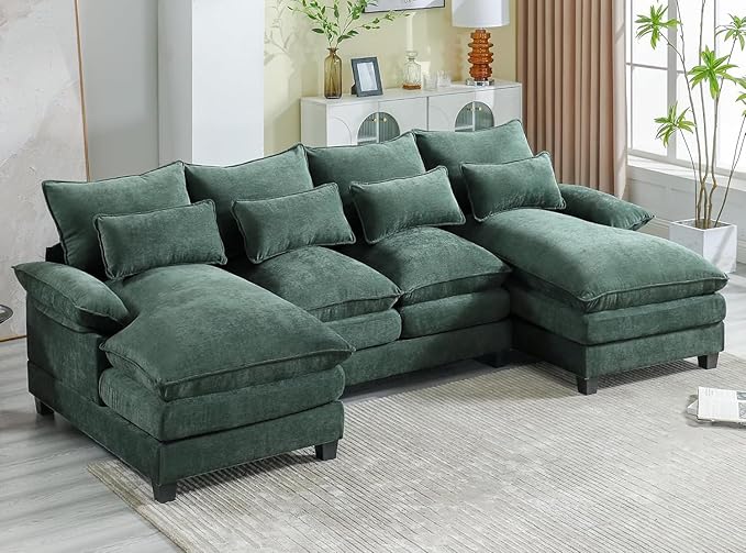 110.2 Modular U Shaped Cloud Couch Modern 4-Seat Chenille Upholstery Sectional Sofa with Double Chaise &amp Double Layer Cushions Deep Seat Comfy Couch for Living Room Bedroom Apartment Green