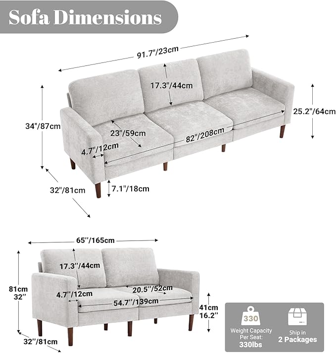 Kingfun 3 Seater Sofa with Loveseat Chenille Couch Mid Century Modern Couches with Solid Wood Legs for Living Room &amp Bedroom Grey