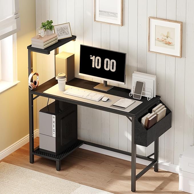 Gaming Desk Computer Desk with Charging Station and LED Light Small PC Desk with Side Storage Bag and Shelves 2 Hooks for Living Room Home Office Bedroom Black CDHS134E01