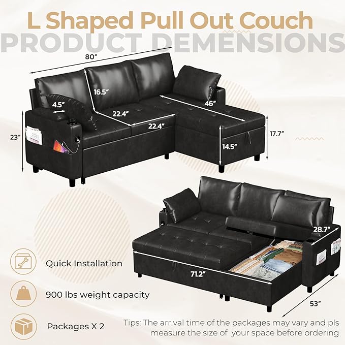 Esright Sleeper Sofa Bed 3-in-1 Pull Out Couch with Reversible Chaise Leather Sleeper Sofa with Storage USB Cup Holder Pullout Sectional Couches for Apartment Living Room Black | Hidden Storage