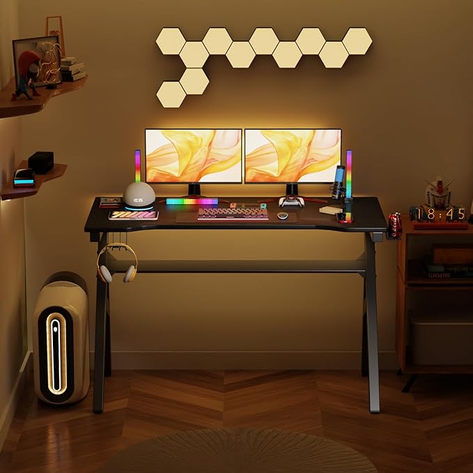 47 Inch Gaming Computer Desk Ergonomic Carbon Fiber PC Table Large Computer Desk PC Gaming Workstation Home Office Desks with Cup Holder Headphone HookRed