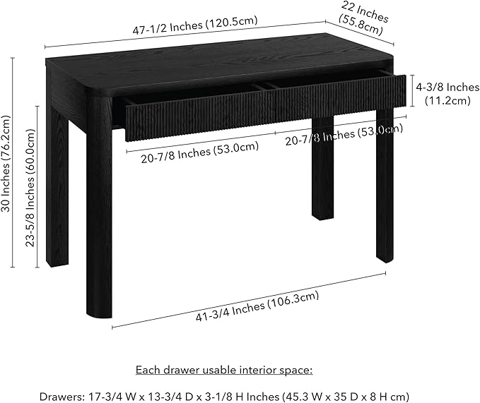 Henn&ampHart 48 Fluted Modern Rectangular Wooden Home Office Desk Computer Desk Writing Table with 2 Ribbed Storage Drawers for Bedroom Living Room or Home Office Natural Black