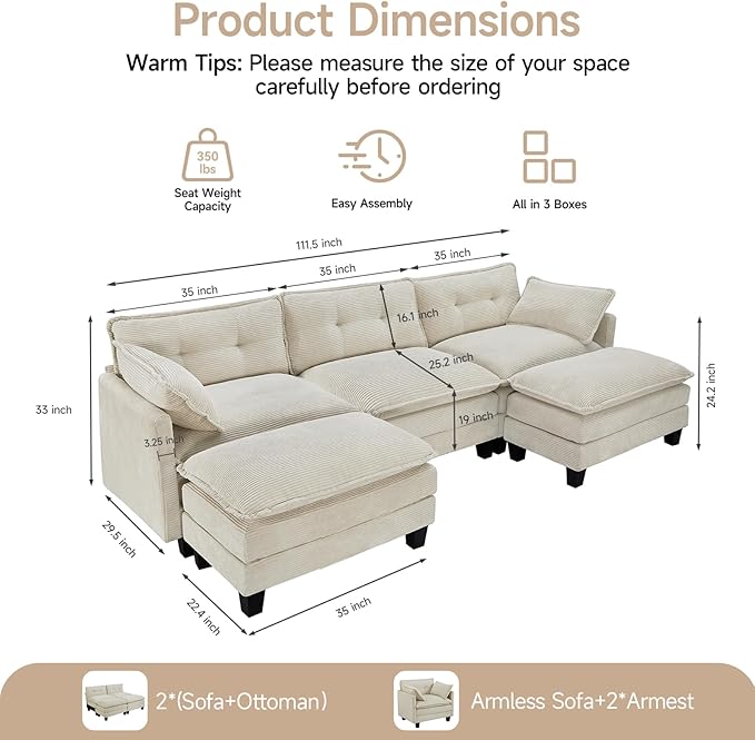 Modular Sectional Sofa 111.5 U-Shaped Corduroy Comfy Sectional Couches for Living Room 3-Seater Cloud Couches with 2 Movable Ottomans Flexible Combination Modern Deep Seat Sofa (Beige)