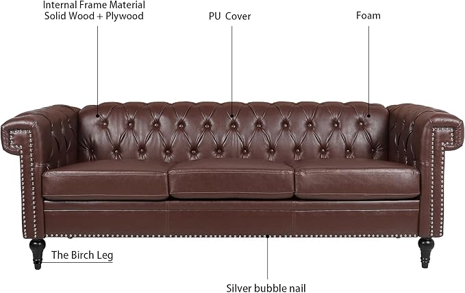 83.66''Chesterfield Sofa Mid Century Modern Tufted Sofas with Rolled Arms and Nailhead 3-Seat Upholstered Leather Sofa Couch with Solid Wood Legs for Living Room Office Dark Brown PU