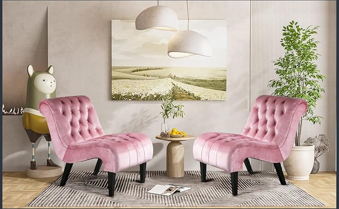 KINFFICT Velvet Accent Lounge Chair for Living Room Modern Leisure Chair with Tufted Backrest Indoor Armless Side Chair Upholstered Bedroom Sleeper Chairs with Solid Wood Legs