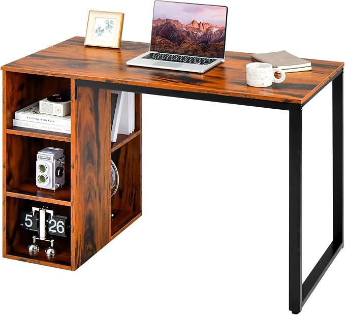 Computer Desk with Storage Writing Desk with 5 Open Shelves &amp Metal Frame Work Desk for Home Office Study Desk for Bedroom Small Desks for Small Spaces (Rustic Brown)