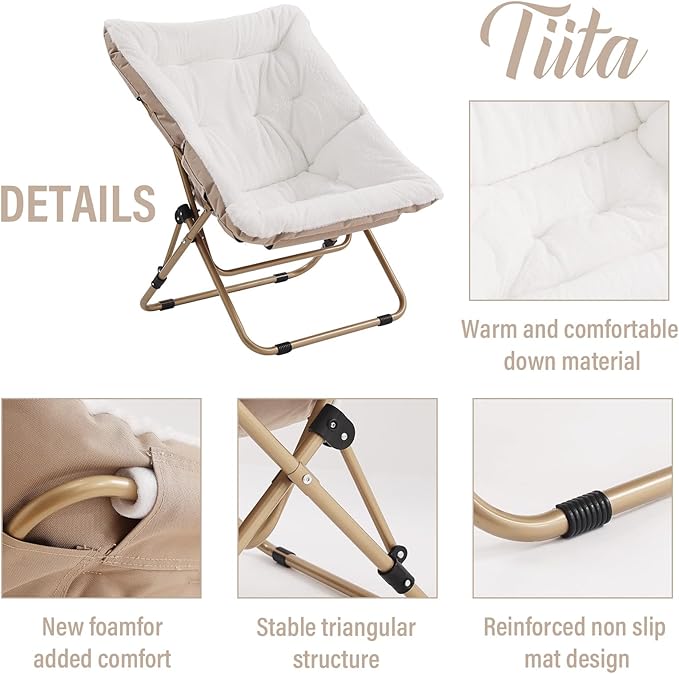 Tiita Folded Chair with Ottoman Soft Faux Fur Oversized Folding Accent ChairLazy Chair Metal Frame Moon Chair for Bedroom Living Room Dorm Rooms Garden and Courtyard