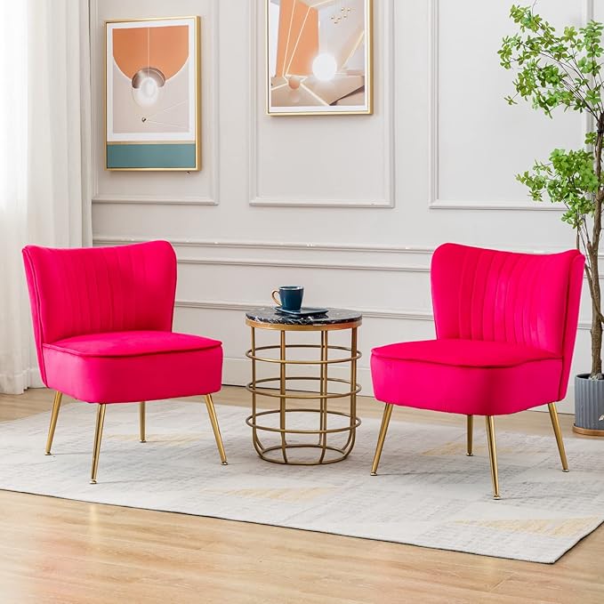 CIMOTA Velvet Accent Chairs Set of 2 Modern Armless Slipper Wingback Single Sofa Side Chair Comfy Corner Chair with Golden Legs for Living Room Bedroom Rose Red