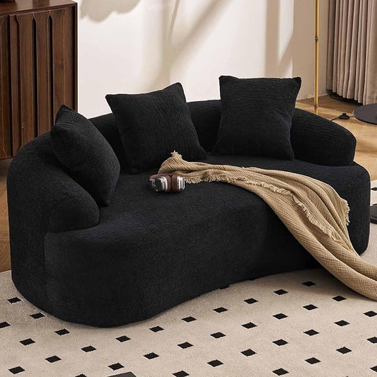 65” Black Curved Couch&amp Loveseat Sofa with 3 Pillows Compression Couch with Round Armrest Suitable for Small Space Bedroom Living Room Memory Foam Chenille No Assembly (Black)