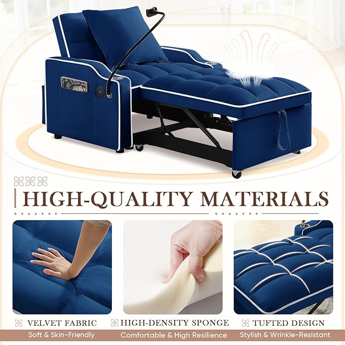 Convertible Sleeper Chair Sofa Bed3 in 1 Velvet Tufted Pull Out Couch with Phone Holder &amp USB PortsFuton Small Couch Bed with Cup Holders &amp Adjustable Backrest for Living RoomSmall Place(Bl