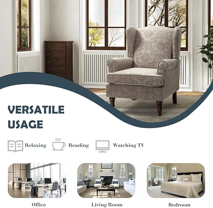 HULALA HOME Wingback Accent Chair with Retro Wood Legs Traditional Fabric Armchair for Living Room Bedroom Comfy Upholstered Single Sofa Chair Reading Chair with Unique Pattern Design Brocade