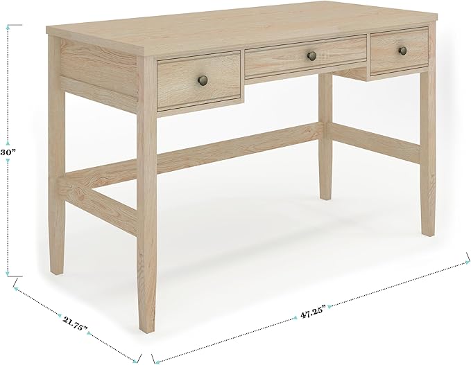 Martha Stewart Rhett Writing Desk with 3 Drawers and Tapered Legs in Light Natural with Antique Bronze Hardware