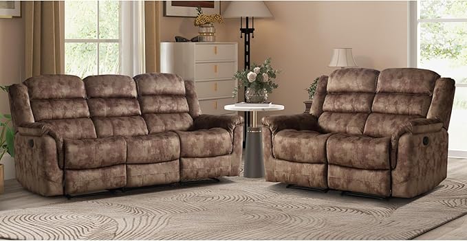 EBELLO 2 Pieces Reclining Couch Furniture Set Overstuffed Reclining Loveseat Couch and Wide 3PC Bonded Recliner Sofa Set for Living Room Brown