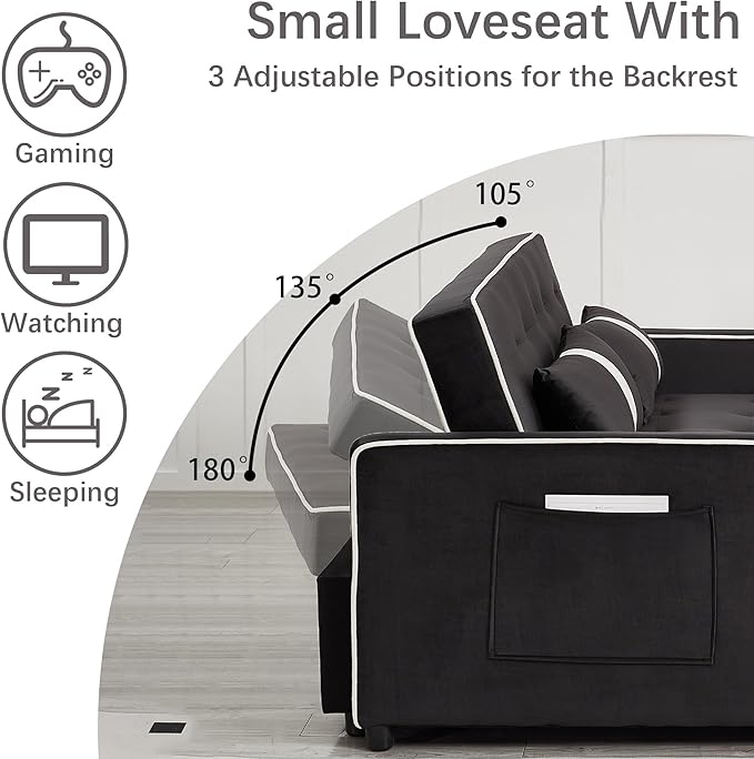 Convertible Velvet Sofa Bed with Pull-Out Bed &amp Side Storage Pockets Modern Sleeper Sofa for Living Room Apartment Small Spaces and Bedroom (7705-Black)
