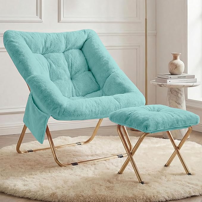 Comfy Saucer Chair for Adults Foldable Living Room Chairs Soft Faux Fur Lounge Chair for Bedroom Reading Chairs X-Large (Ottoman-Mint)