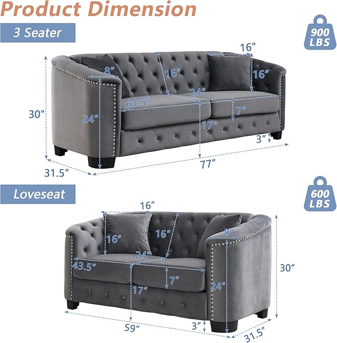 mikibama Luxury 2 Piece Chesterfield Velvet Sofa Set for Living Room Modern Decor Furniture Sectional Sofa 3 Seater &amp Loveseat Upholstered Tufted Couch for Apartment Office Hall(Grey)