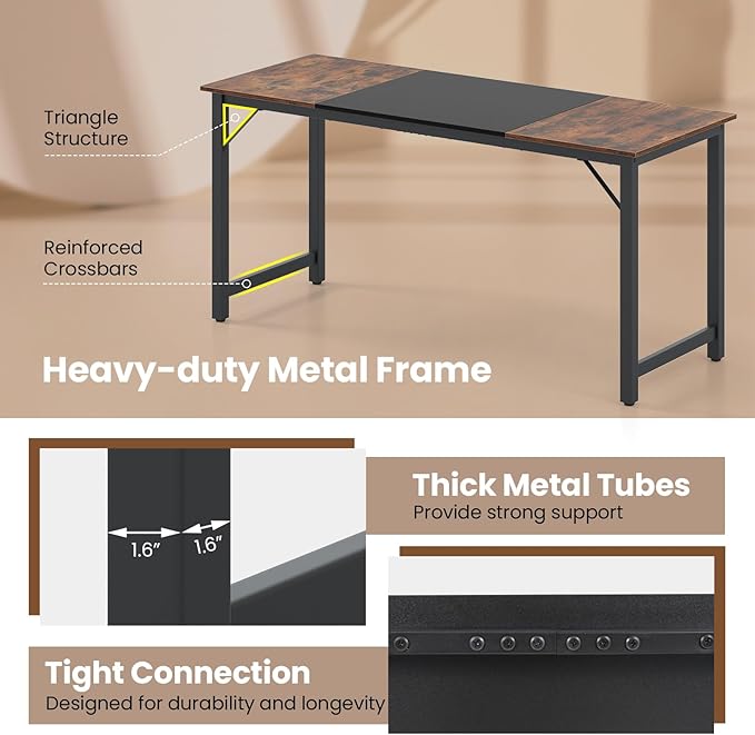 Giantex 63 Inch Computer Desk Modern Simple Office Desk with Triangle Structure Metal Frame Computer Workstations for Home Office Study Conference Room Rustic Brown and Black