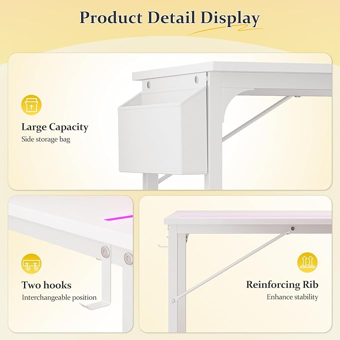 32 Inch White Computer Desk with LED Lights for Small Spaces Office Desk for Home Office Gaming Study Desk Writing Table with Storage BagDesk with Frame Headphone Hook