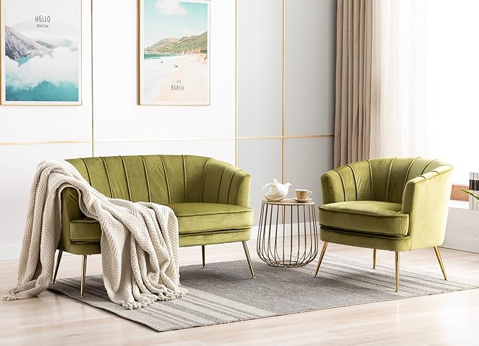 Artechworks Contemporary Velvet Loveseat Chair with Gold-Finished Metal Legs 2-Seat Sofa for Living Room Bedroom Home Office Grass Green