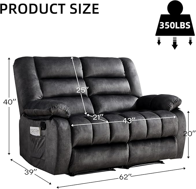 EBELLO Reclining Loveseat Overstuffed Comfortable Armrest 2 Seat Recliner Sofa Manual Reclining Couch for Living Room Bedroom Furniture Grey (Loveseat)