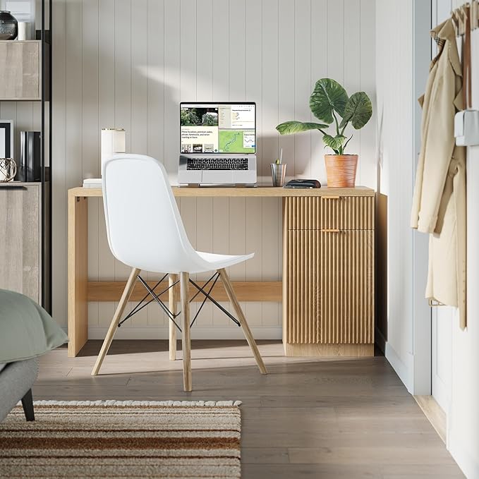 CuisinSmart 60 Executive Desk with Drawers Wooden Computer Desk with Storage Cabinet Modern Fluted Home Office Desks for Study Room Living Room Bedroom Office Natural Oak