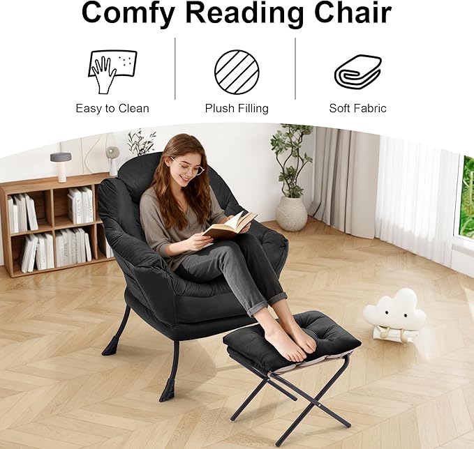 Lazy Chair with OttomanOversized Accent Chair with Thick Cushion Side PocketModern Lounge Arm Reading Chair and Folding Footrest for Living RoomBedroomOfficeDormApartment Black
