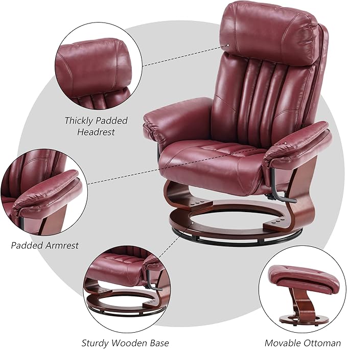 MCombo Swivel Recliner with Ottoman Faux Leather TV Chair with Vibration Massage Ideal for RV Small Space Living Room &amp Bedroom 4999 (Faux Leather Burgundy)