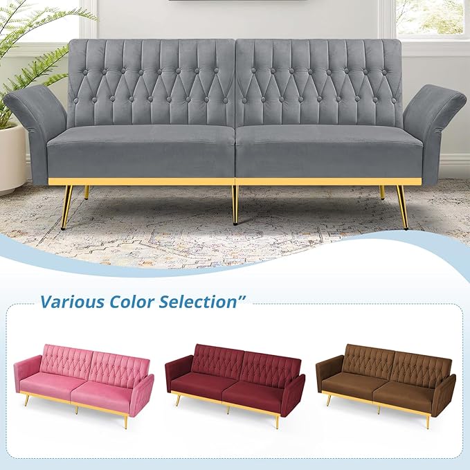 70” Velvet Futon Sofa Bed with 2 Pillows and Adjustable Armrests Convertible Sleeper Bed W/Adjustable Backrests Modern Loveseat for Living Room Bedroom Light Grey