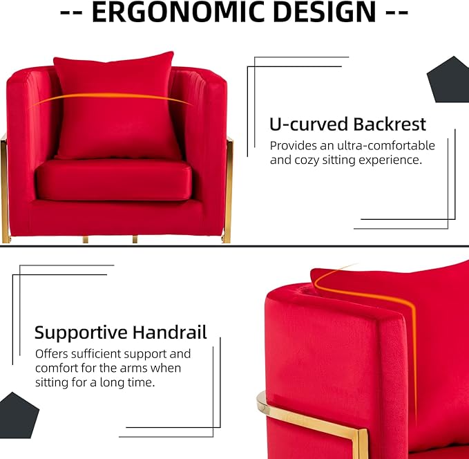 X-VOLSPORT Velvet Accent Barrel Chairs Set of 2 Modern Arm Club Chair Set with Pillow for Living Room/Bedroom/Guest Reception Channel Tufted Gold Finish Base Red