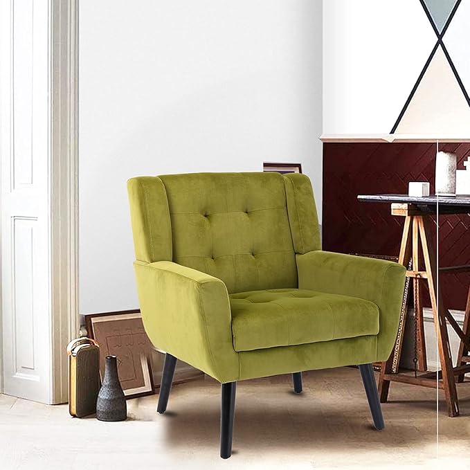 SSLine Velvet Accent Arm ChairSolid Wood Frame Modern Upholstered Wingback Single Sofa Armchair Club Chair with Metal Legs Thick Cushion for Living Room Bedroom (Green)