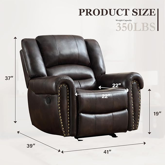 CANMOV Rocker Recliner Chair Leather Recliner Chair with Overstuffed Backrest and Armrests Manual Single Sofa for Living RoomBedroom Dark Brown