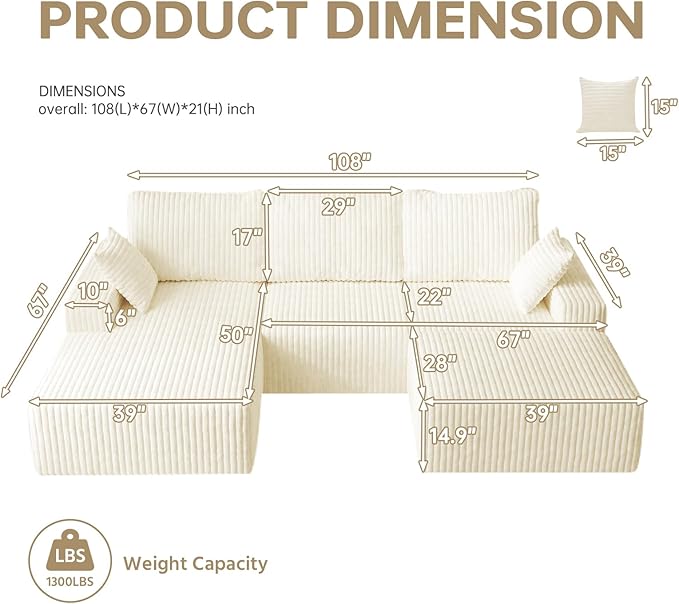 108 U Shaped Sectional Couch with Ottoman Corduroy Modular Sectional Sofa with Deep Seat Modern Modular L-Shape Sofa Couch with ChaiseUpholstered Boneless Couches for Living Room Bedroom