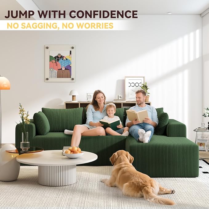 Boneless Couch with L-Shape Chaise 105 Couches for Living Room Corduroy Boneless Sofa w/27.56 Deep Seat Sectional Comfy Couch No Assembly Sofa Apartment/Bdrm Friendly Green