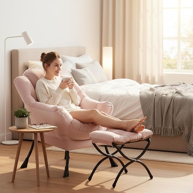 Welnow Lazy Chair with Ottoman Modern Accent Chair with Armrests and a Side Pocket Leisure Sofa Armchair Reading Armchair with Footrest for Small Space Pink
