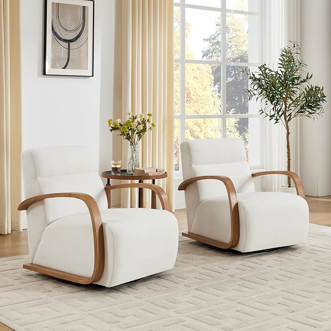 Swivel Accent Living Room Chair Upholstered Single Sofa Chair Chenille Armchair with Solid Metal Base Comfy Reading Side Chair for Bedroom Home Office Reception Corner Beige Chenille
