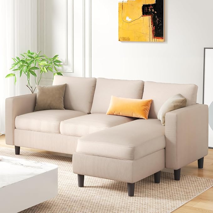 JAMFLY 3-Seat Convertible L-Shaped Sectional Sofa with Reversible Ottoman Upholstered Fabric Couch for Small Living Rooms Modern Modular Couch for Apartment Studio &amp Loft Beige