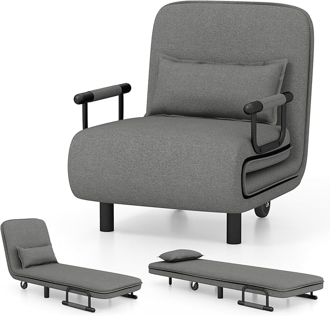 Giantex Convertible Sofa Bed 3-in-1 Folding Sleeper Chair with 5-Position Adjustable Backrest Wheels 2 Legs Recliner Chaise Lounge with Pillow Armchairs for Nursery Living Room Office (Gray)