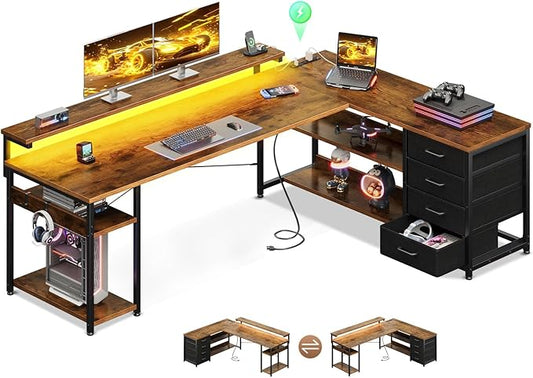 AODK 69 L Shaped Desk with Drawer Computer Desk with Power Outlets &amp LED Lights Reversible Corner Gaming Desks for Home Office Workstation Office Table with Monitor Shelf Vintage
