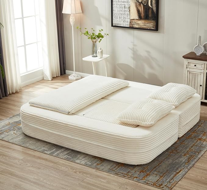 Sleeper Sofa with Chaise Lounge Convertible Sectional Couch Bed Plush Corduroy 3-Seat Sofa with Blanket Deep Seat King Size Sleeper for Small Apartment No Assembly Required (White)