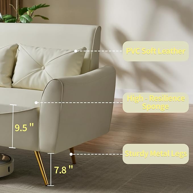 Brelice 48 Faux Leather Loveseat Sofa Modern Small Couch for Small Space with 2 Pillows 2 Seater Couch for Living Room Bedroom Office Apartment (Beige)