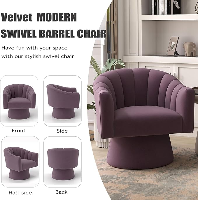 Swivel Accent ChairUpholstered Velvet 360° Swivel Barrel Chair for Living Room Overstuffed Bouncle Reading Chair Round Armchair for BedroomVanityOffice(Purple)